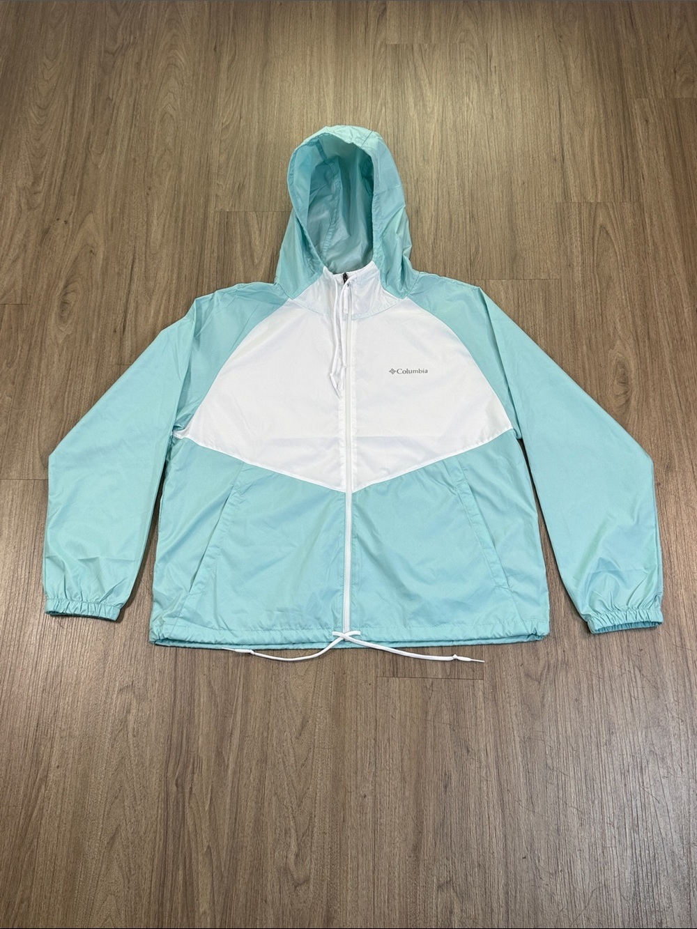 Columbia Mint Green and White Hooded Windbreaker Jacket, Size L